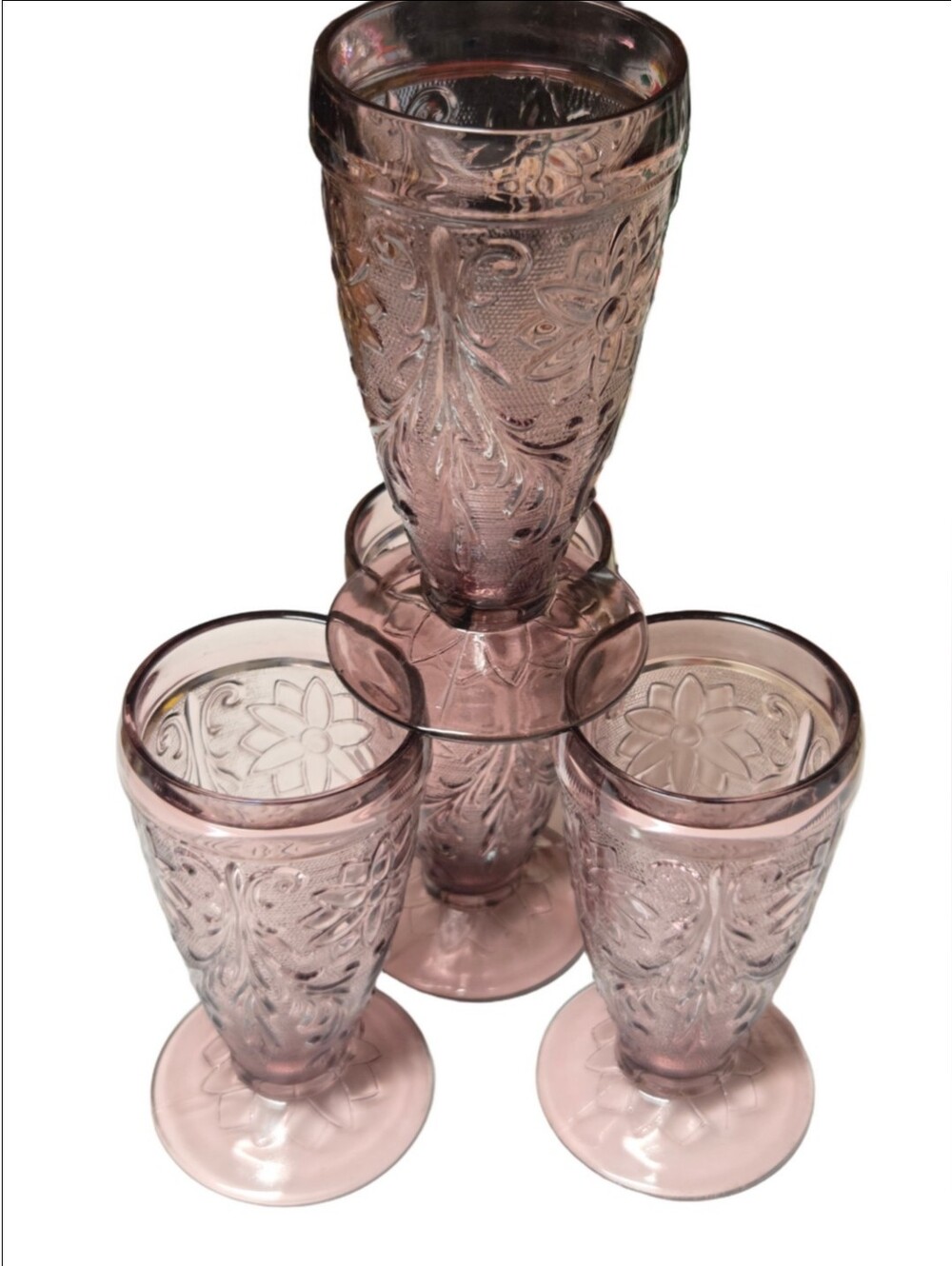 Vintage 4-Piece Tiara Exclusives Sandwich Pattern Footed Iced Tea Glass Tumbler